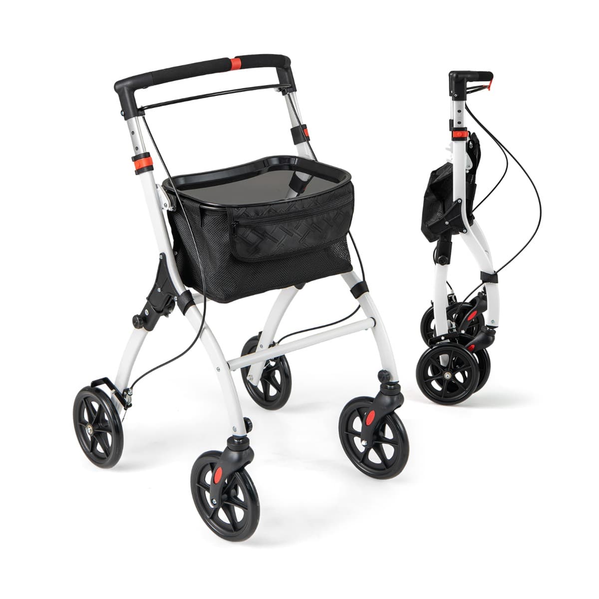 CostwayDéambulateur Pliant à 4 Roues&Freins Charge 136KG Rollator Médical Léger Hauteur Réglable avec Poignée Plateau Panier de Rangement Blanc